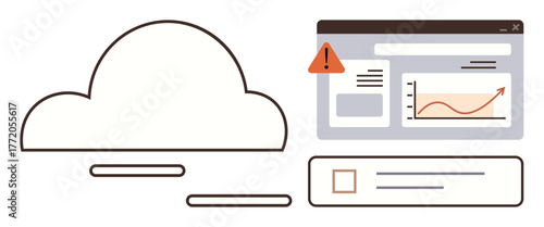 Cloud icon linked to a data dashboard featuring a warning alert and analytics graph. Ideal for cloud data management, technical issues, analytics, digital safety, problem-solving, troubleshooting