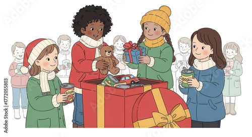 Diverse group of children donating toys and gifts for charity.