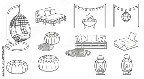 outdoor patio furniture creating an inviting backyard relaxation space with hanging egg chair pallet sofa fire pit and lanterns for summer evenings.