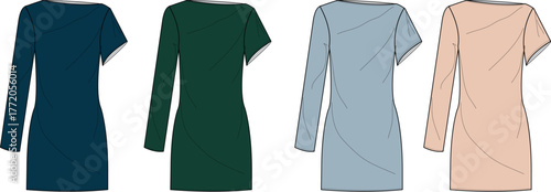 Four elegant asymmetric one-shoulder dresses in varying shades and styles