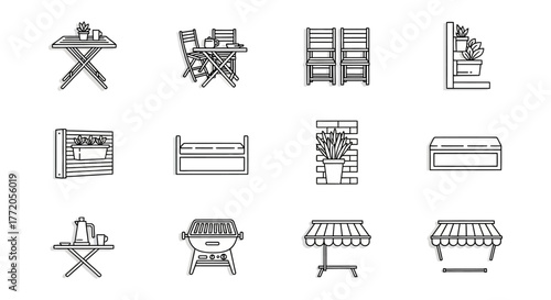 patio furniture set icons outdoor decor featuring chairs tables planters and awnings showcasing backyard living and design elements for relaxation.