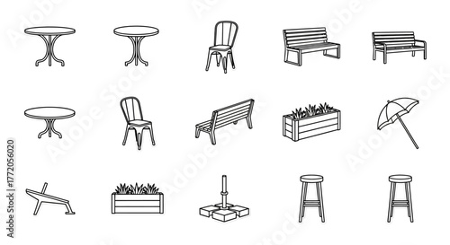 patio furniture icons tables chairs benches planters and umbrella set of outline illustrations for exterior design and landscaping concepts