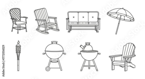 patio furniture set illustration chairs bbq grills and tiki torches for outdoor living spaces perfect for summer gatherings and backyard decor.