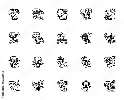 Career icon set. Minimalist vector illustrations. Prfessional occupation colletion. Featuring Farmer, Tai driver, Doctor, Architec, Astronaut, Model, Athlet and more. Editable stroke