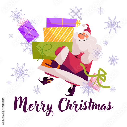 Cheerful Santa Claus carrying gift boxes surrounded by snowflakes and Merry Christmas lettering. Festive vector illustration for holiday cards, posters, and winter decoration