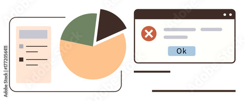Pie chart with sections, a data interface, and a browser error pop-up with an Ok button. Ideal for analytics, reporting, data interpretation, error handling, communication, productivity corporate