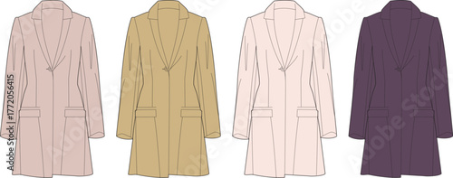 Set of women's classic long coat technical fashion flat sketches. Vector illustration of an elegant overcoat template in four color options for apparel design