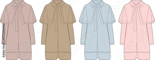 Set of elegant women's capelet dresses in pastel colors. Technical fashion flat sketch vector template for apparel design and clothing manufacturing