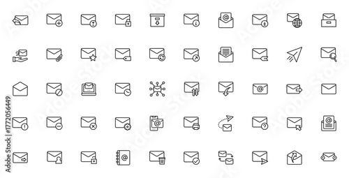 Email icon set. Minimal vector line icons pack. Incldes symbols for reply, inbx, send mail, attachment, pam, draft, contact, encrytion and more. Editable stoke.