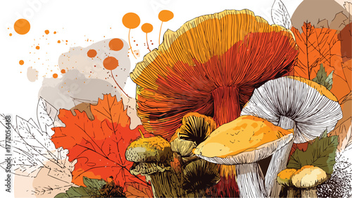 Vibrant Autumn Foliage and Mushroom Scene Vector with Outline