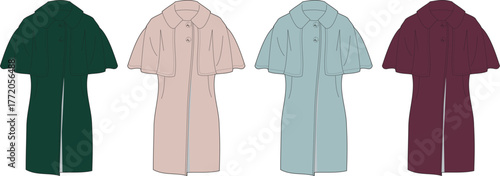 Four different colored elegant overcoats with collars displayed against a white background