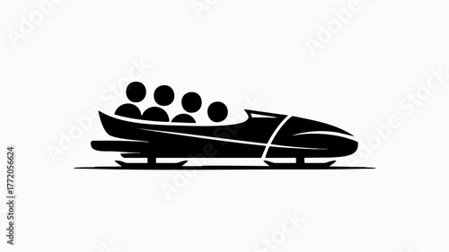 Black and white illustration of a bobsleigh with four people inside, racing down a track.