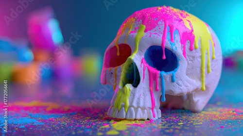 Fototapeta Naklejka Na Ścianę i Meble -  Colorful Skull with Dripping Paint on Vibrant Background