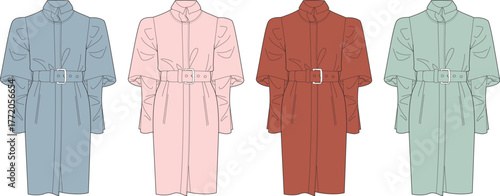 Illustrations of women's stylish long-sleeved dresses, featuring a high collar, belted waist, and different colors, suitable for fashion design and apparel mockups