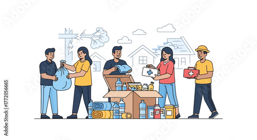 Diverse group of volunteers packing a large donation box with essential supplies for charity. Flat Vector Illustrations. EPS Editable