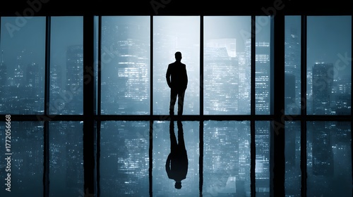 Silhouetted executive surveys expansive illuminated metropolis from high rise window at night