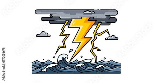 Dramatic lightning storm over a raging sea vector illustration. Flat Vector Illustrations. EPS Editable