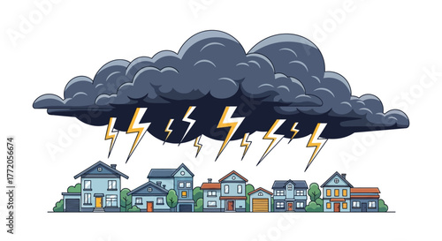 Dramatic lightning storm raging above a row of suburban houses. Flat Vector Illustrations. EPS Editable