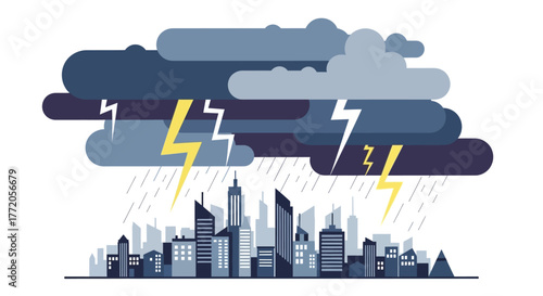 Dramatic thunderstorm with lightning and rain over a modern city skyline. Flat Vector Illustrations. EPS Editable