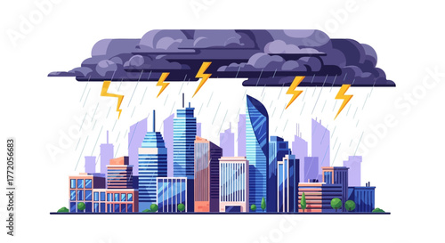 Dramatic Storm Clouds and Lightning Over a Modern City. Flat Vector Illustrations. EPS Editable