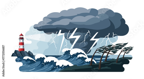 Dramatic ocean storm with lightning and huge waves crashing on a lighthouse. Flat Vector Illustrations. EPS Editable