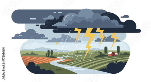 Dramatic thunderstorm with lightning and rain over a rural farm landscape. Flat Vector Illustrations. EPS Editable