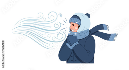 Cartoon character in warm winter clothes freezing in a strong wind. Flat Vector Illustrations. EPS Editable