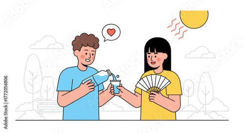 Caring young man pouring a glass of water for a woman on a hot summer day. Flat Vector Illustrations. EPS Editable