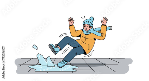 Cartoon person in winter clothes slipping and falling on an icy sidewalk. Flat Vector Illustrations. EPS Editable