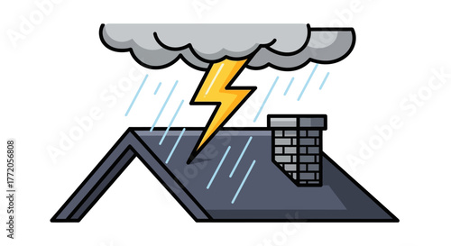 Cartoon illustration of a lightning storm hitting a house roof. Flat Vector Illustrations. EPS Editable