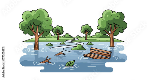 Cartoon illustration of a natural flood disaster in a city park. Flat Vector Illustrations. EPS Editable