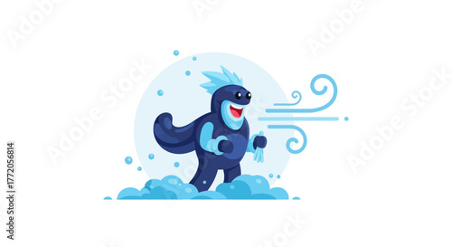 Cartoon Superhero Character Running Through Snow and Wind. Flat Vector Illustrations. EPS Editable