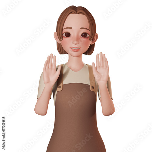 3D Portrait render of beautiful barista cartoon in brown wears. Raise waving both hand, greeting or goodbye goodbye. advertising, presentations, UIUX design, promotional materials.
