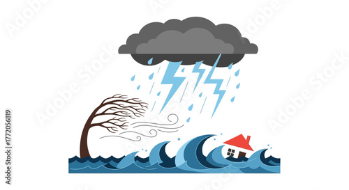 Catastrophic natural disaster with hurricane storm and flood. Flat Vector Illustrations. EPS Editable