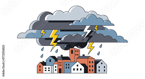 Cartoon town experiencing a severe thunderstorm with heavy rain. Flat Vector Illustrations. EPS Editable