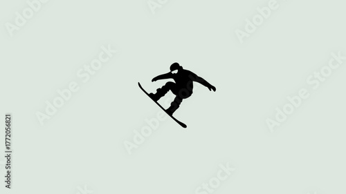 Dynamic black silhouette of a snowboarder performing a jump against a plain light background.