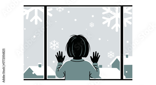 Child looking out the window at the falling snow on a cold winter day. Flat Vector Illustrations. EPS Editable