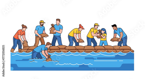 Community of volunteers building a sandbag wall to prevent flooding. Flat Vector Illustrations. EPS Editable