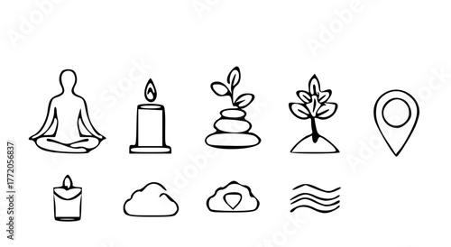flat vector icons about personal wellness and mental balance — lotus pose silhouette, candle, plant sprout, balanced stones, cloud with heart, and gentle wave.
