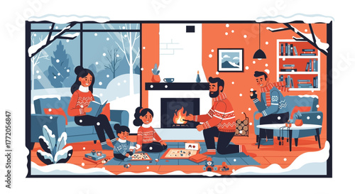 Cozy family gathering in a warm living room on a snowy winter day. Flat Vector Illustrations. EPS Editable