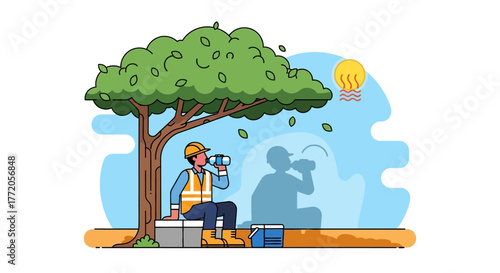 Construction worker taking a refreshing break under a tree. Flat Vector Illustrations. EPS Editable