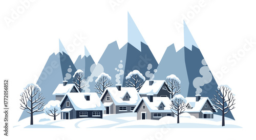 Cozy winter village nestled among snowy mountains illustration. Flat Vector Illustrations. EPS Editable