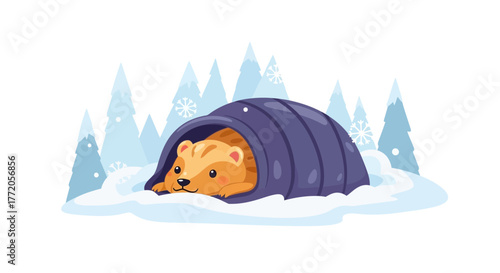 Cute cartoon groundhog peeking out of a snowy burrow in a winter forest landscape. Flat Vector Illustrations. EPS Editable