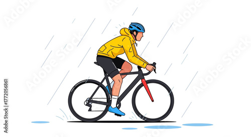Cyclist in yellow jacket and helmet riding a modern road bike. Flat Vector Illustrations. EPS Editable
