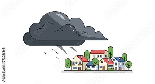 Dark storm cloud raining over a small colorful town illustration. Flat Vector Illustrations. EPS Editable