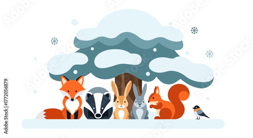 Cute woodland animals gathered together under a snowy winter tree. Flat Vector Illustrations. EPS Editable