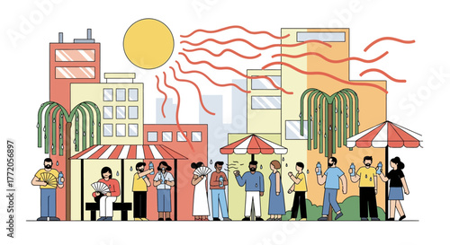 Diverse group of people enduring a summer heatwave in the city. Flat Vector Illustrations. EPS Editable