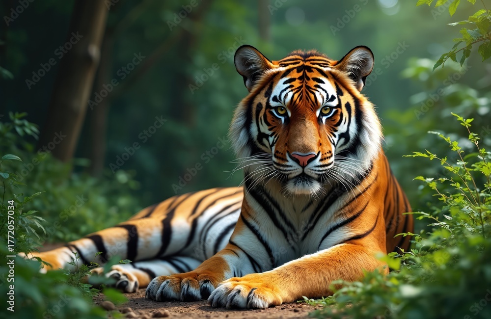 Obraz premium Powerful tiger rests in lush green jungle. Majestic wild animal with orange fur black stripes looks at viewer. Big cat predator in natural habitat.