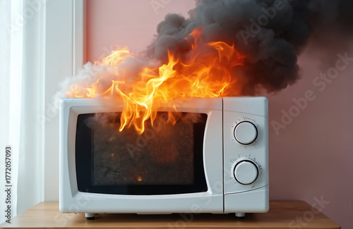 Kitchen microwave oven catches fire emitting smoke and flames. Household electrical appliance malfunctions causing house fire. Danger of malfunction in home.