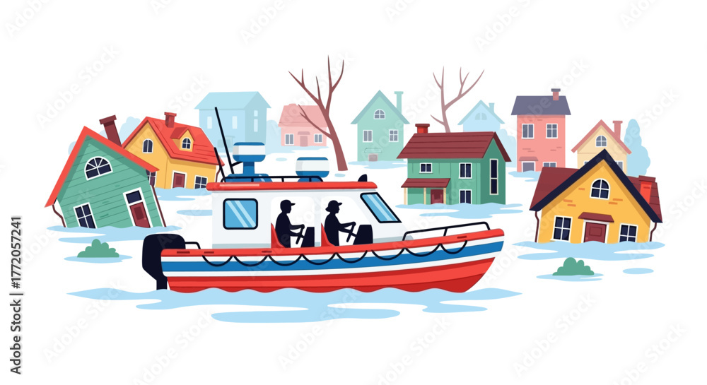 Naklejka premium Emergency rescue boat navigating through a flooded residential area. Flat Vector Illustrations. EPS Editable